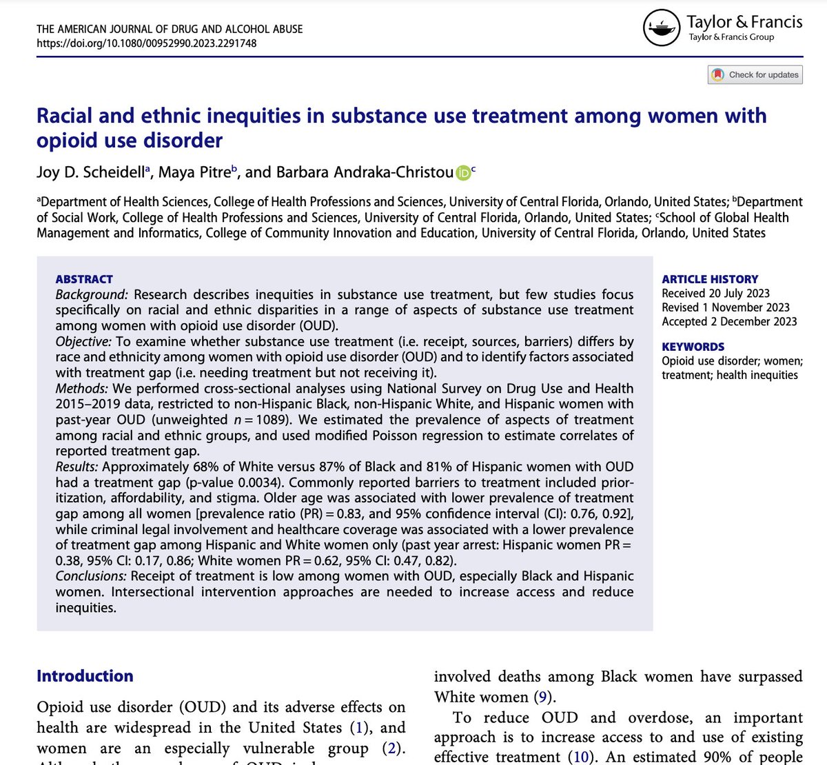 Check out the latest study from CDUHR investigator Joy Scheidell - Racial and ethnic inequities in substance use treatment among women with opioid use disorder tandfonline.com/doi/full/10.10…