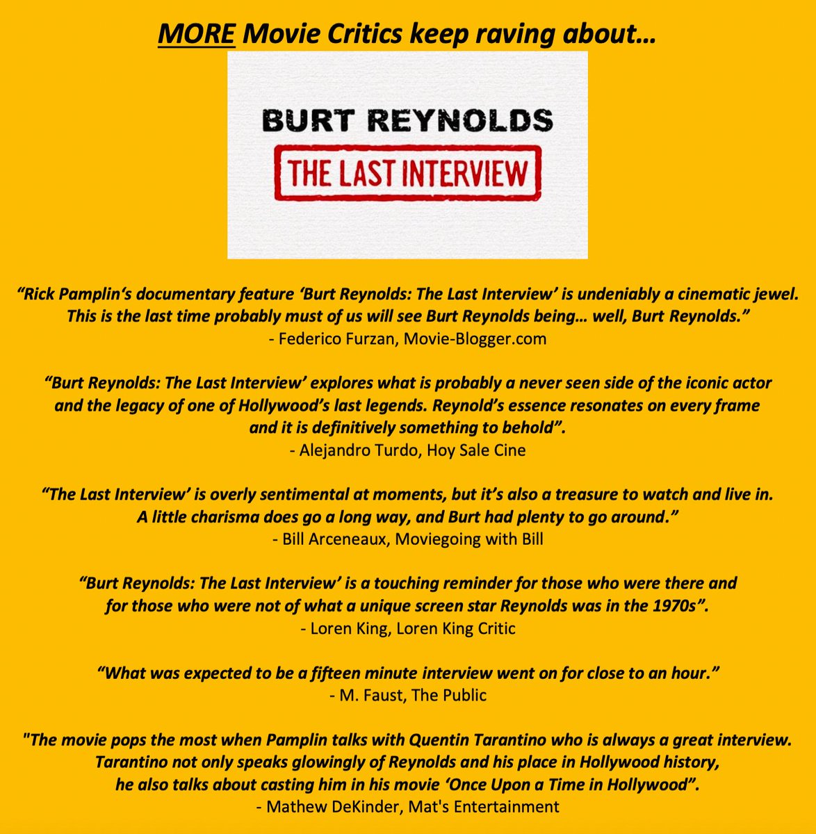 RealScottduPont's tweet photo. Critics showering rave reviews for #BurtReynoldsTheLastInterview 100% on Rotten Tomatoes &amp; more Audience reviews coming in daily! Kudos @RickPamplin @MaggiePamplin @JonZietz &amp; rest of the team. Streaming now on 20 platforms @ https://t.co/qVIo9BomRq#BurtReynolds #QuentinTarantino https://t.co/mWk5wr64Bv