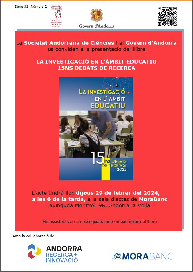 SAC (@saciencies) on Twitter photo Us convidem a la presentació del llibre ‘La investigació en l’àmbit educatiu’, que recull els articles presentats als 15ns Debats de recerca
🗓️29/02
🕕18.00h
📍 sala d’actes de MoraBanc
Us hi esperem!
Amb <a href="/GovernAndorra/">Govern d'Andorra</a> <a href="/Andorra_RI/">Andorra Recerca + Innovació</a> <a href="/MoraBanc/">MoraBanc</a> Us convidem a la presentació del llibre ‘La investigació en l’àmbit educatiu’, que recull els articles presentats als 15ns Debats de recerca
🗓️29/02
🕕18.00h
📍 sala d’actes de MoraBanc
Us hi esperem!
Amb <a href="/GovernAndorra/">Govern d'Andorra</a> <a href="/Andorra_RI/">Andorra Recerca + Innovació</a> <a href="/MoraBanc/">MoraBanc</a>
