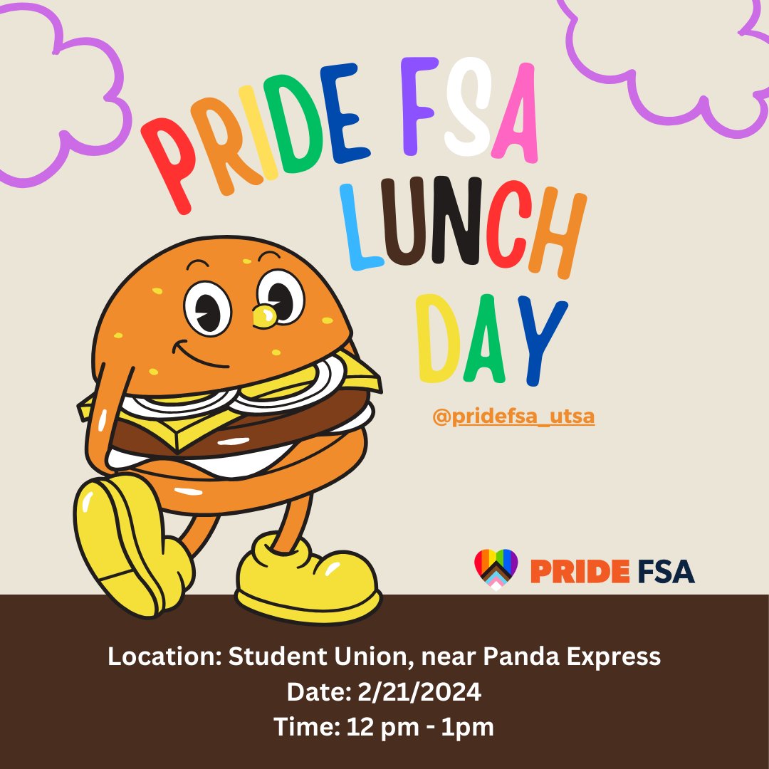 Join us on Wednesday for our Pride FSA Lunch Day at the Student Union, near the Panda Express, from 12-1 pm! 🏳️‍🌈🏳️‍⚧️❤️