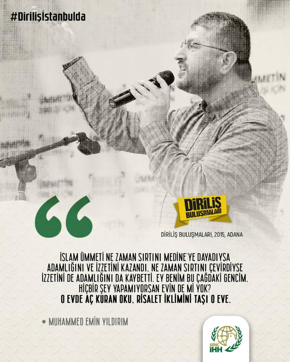 Kudüs bir şekilde hürriyetine kavuşsa, biz mola mı verecektik? Hayır, Kudüs henüz hürriyetine kavuşmadığına göre bizim zevke, keyfe dönmeye henüz fırsatımız yok demektir kardeşlerim.

Nurettin Yıldız

#Dirilişİstanbulda