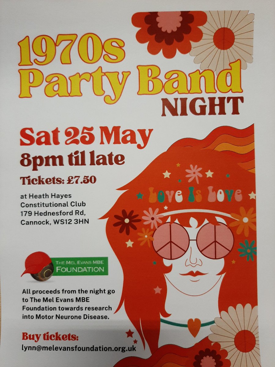 📣Tickets selling fast for the 1970s Party Band Night Saturday 25th May‼️ 8pm until late All proceeds to MND research. A night of fun, friendship, flares and kipper ties! 🥂🍻💃🕺🎤🎵 🎟 available from Lynn. £7.50 per head. Help us bang the drum in our fight against MND. 🥁🥁