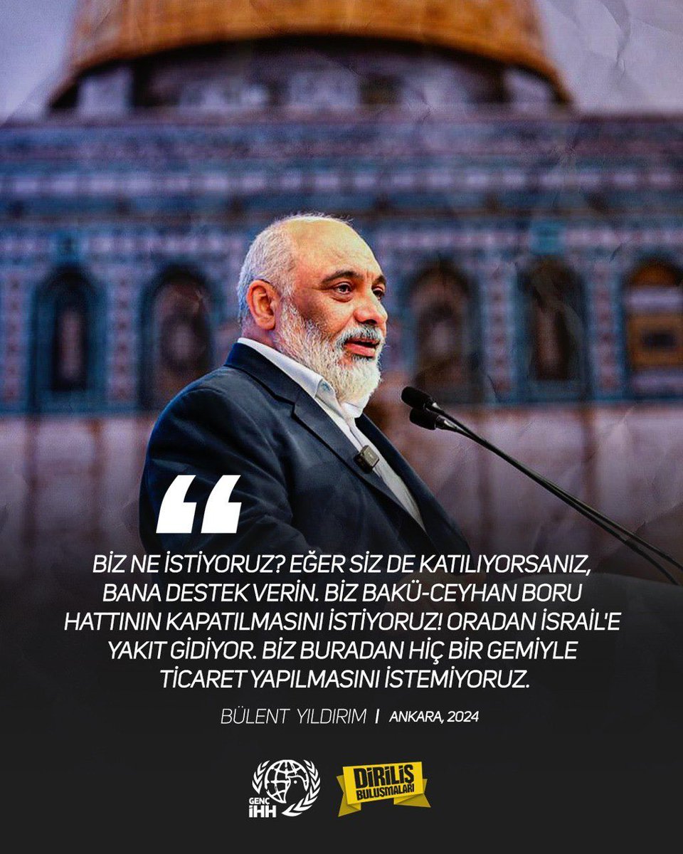 Biz ne istiyoruz? Eğer siz de katılıyorsanız, bana destek verin. Biz Bakü-Ceyhan Boru Hattının kapatılmasını istiyoruz! Oradan İsrail'e yakıt gidiyor. Biz buradan hiç bir gemiyle ticaret yapılmasını istemiyoruz.

| Bülent Yılıdırm

#Dirilişİstanbulda