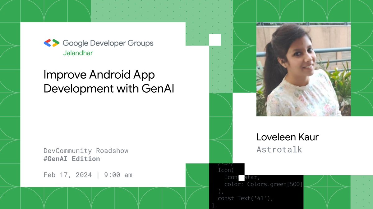 GDGJalandhar's tweet photo. Announcing the speakers of DevCommunity Roadshow #GenAI Edition
#DevCommunityRoadshow #DCRJalandhar #GenAI https://t.co/aW7FFzukIF