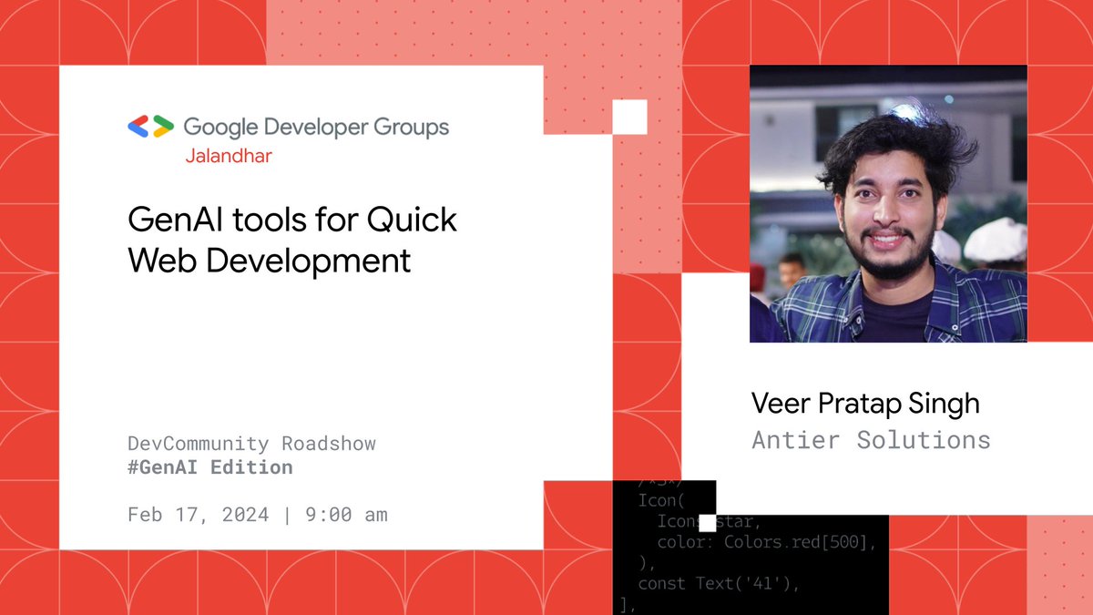 GDGJalandhar's tweet photo. Announcing the speakers of DevCommunity Roadshow #GenAI Edition
#DevCommunityRoadshow #DCRJalandhar #GenAI https://t.co/aW7FFzukIF