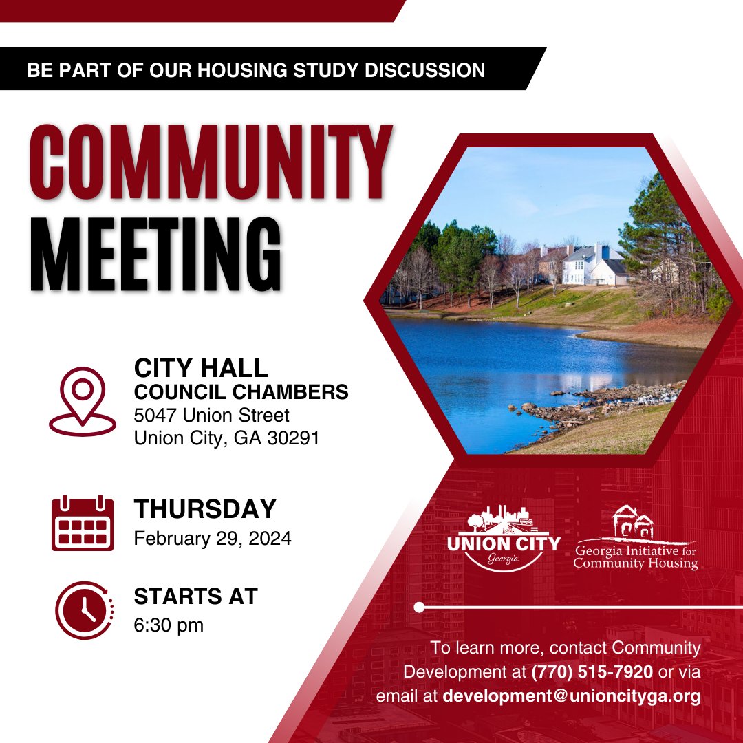 Join us for our Housing Study Community Meeting on Thurs., 2/29, at 6:30 pm. Your input matters! Visit unioncityga.org to learn more.

#YourUnionCity #CommunityEngagement #HousingFuture