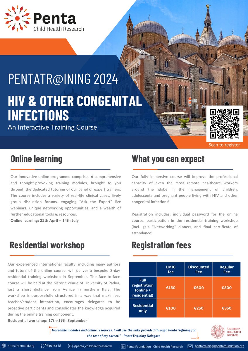 PentaTraining 2024: HIV & other Congenital Infections, the flagship interactive training course from @Penta_ID is now open for registration. 💻Online course: 22 April – 14 July. 🏠Residential workshop: 17 - 19 September. Register👉 redcap.pentafoundation.org/surveys/?s=3DK…