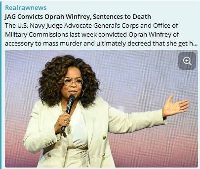 RRN Reporter was on Maui / Oahu watching "Military Hearings" (IMHO...Military Tribunals).  

Today...RRN reports...
Oprah gets the death penalty!!! 💥💥💥
The Wicked Witch pimp is done! 

<a href="/RealRawNews1/">RealRawNews</a> gets great intel about GITMO and Tribunals.  Many ppl don't want to believe