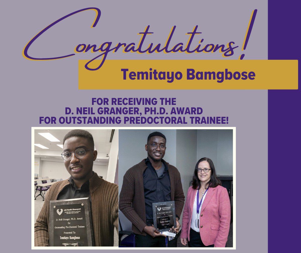 Congrats to <a href="/Temi_sci/">Temitayo</a> for receiving the D. Neil Granger PhD Award for Outstanding Predoctoral Award. <a href="/LSUHS_CCDS/">Center for Cardiovascular Diseases and Sciences</a> gives this award out each year at the Malcolm Feist Research Symposium. Congrats, Tayo!
<a href="/LSUHS/">LSU Health Shreveport</a> <a href="/LSUHSResearch/">LSU Health Shreveport Research</a> <a href="/LSUHS_PhD/">LSUHS School of Graduate Studies</a> <a href="/docpsa3577/">matthew woolard</a>
