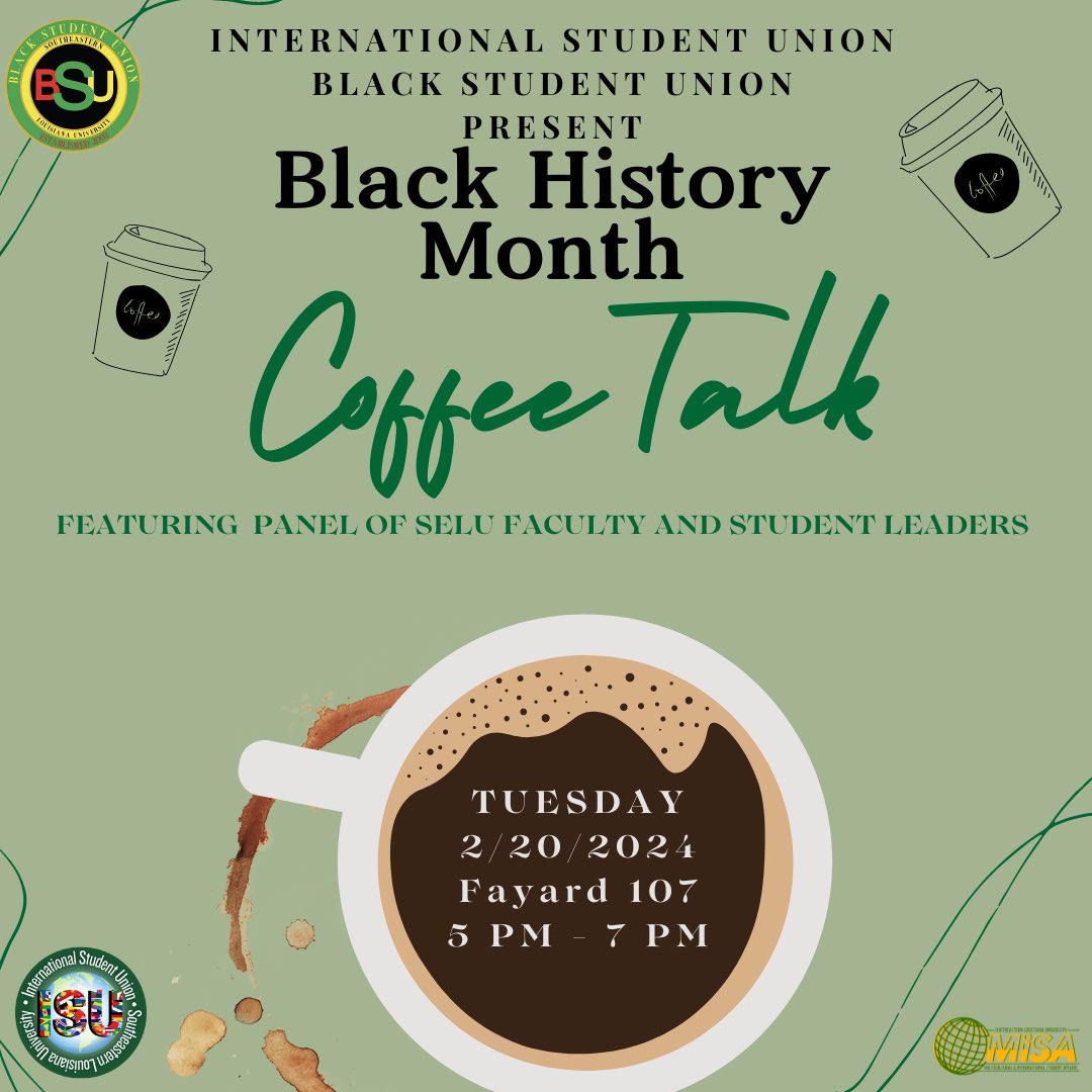 bsu_slu's tweet photo. BSU Week is here! 🎉 Join us for a week of celebration:

- Mon: BSU with no BS
- Tue: Black History Month Coffee Talk
- Wed: Pajama R&amp;B/Game Night
- Thu: Chai Fundraiser Sale
- Fri: Clean the Streets with BSU
#BSUWeek #BlackHistoryMonth https://t.co/35tkoDckbK