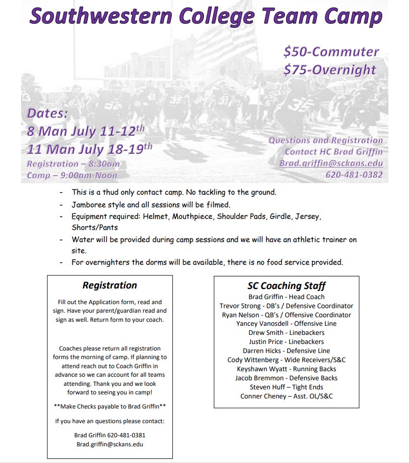 Summer Team Camp Opportunity ! 

Offering 8-man and 11-man 

Contact <a href="/CoachGriffSC/">Brad Griffin</a> for more info and to sign up !