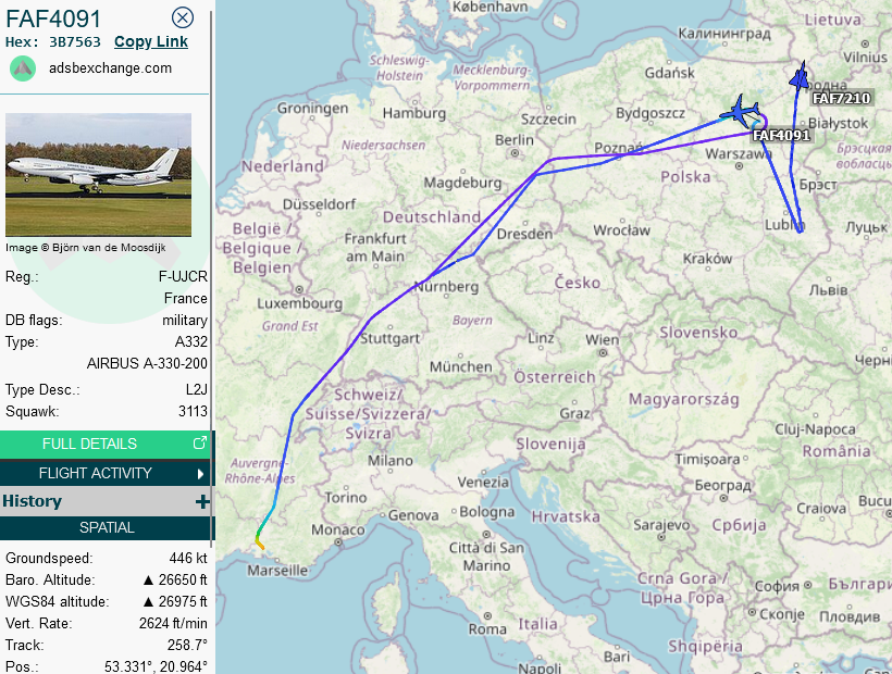 SirListenalot's tweet photo. 1120z #A332 #3B7563 #FAF4091 rtb Istres after AR with (some) Mirage2000 #MIR2 #3B75A9 #FAF7210 from Nancy-Ochey to Šiauliai, Lithuania https://t.co/9lYBqD1G2Q