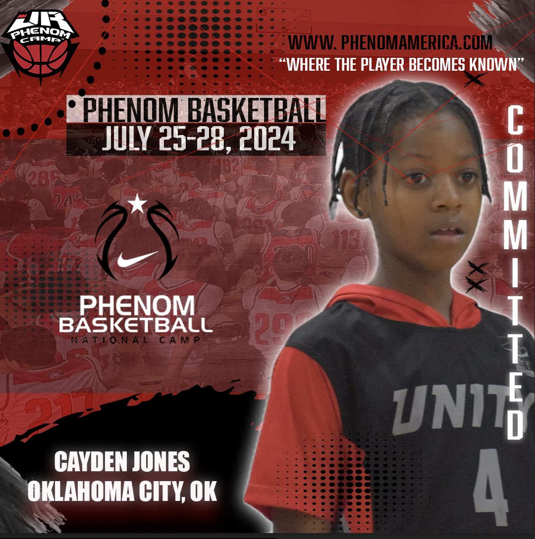 PhenomAmerica's tweet photo. Phenom Basketball is excited to announce that Cayden Jones from Oklahoma City, Oklahoma will be attending the 2024 Phenom National Camp in Orange County, California on July 25-28!
.
.
#wheretheplayerbecomesknown
#PhenomAmerica #PhenomNationalCamp #Phenom150 #jrphenomcamp #GatoradePartner