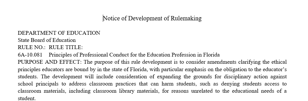 As promised by Gov. Ron DeSantis, the Florida Department of Education is now crafting a rule that seeks to end the 'abuse' of book challenges in public schools. Here is the working language. It'll be further considered March 1. More on that story here: miamiherald.com/news/politics-…