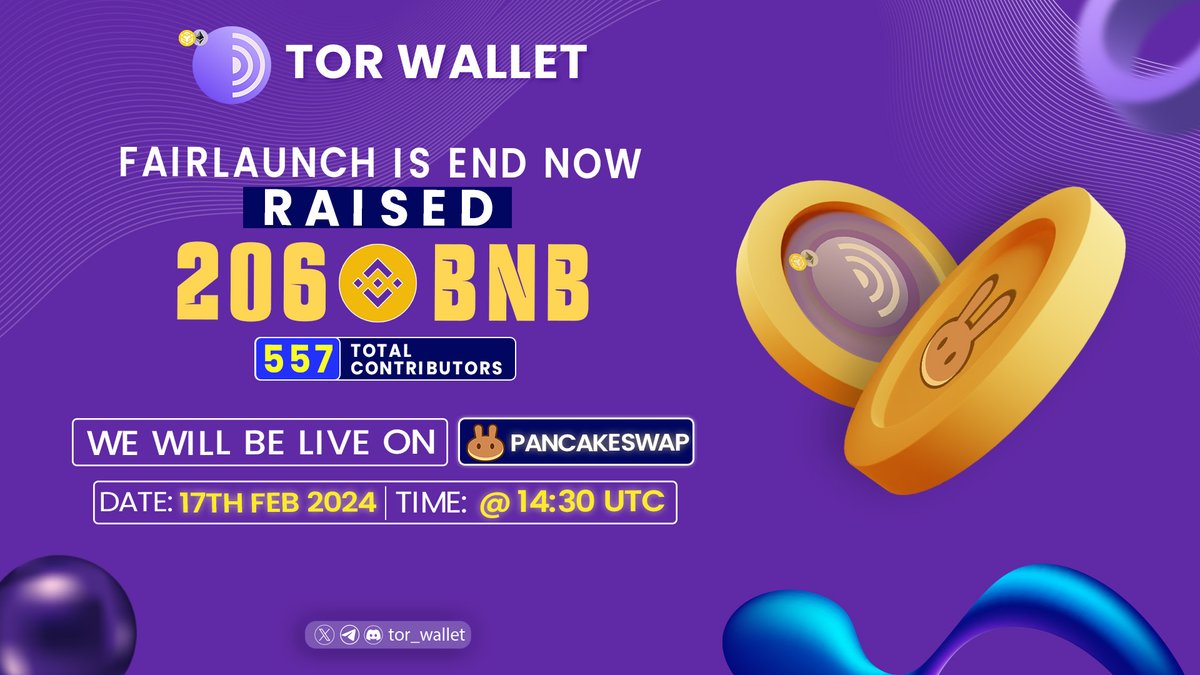 Tor_Wallet's tweet photo. 🎯Tor Wallet fair launch is now closed!

Raising an incredible 206 BNB with the support of 557 contributors!

🙌Thank you to the amazing community for this outstanding achievement. 

📆PCS Listing on 17th FEB 2024 @ 14:30 UTC

Claim 17th Feb: https://t.co/v0286Z4U1h

#TorWallet https://t.co/tInxgWZ7en
