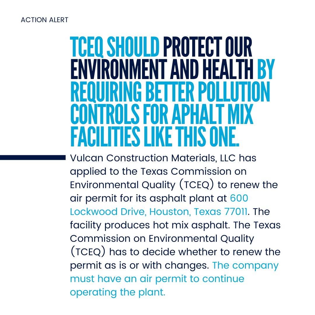airallianceHOU's tweet photo. π¨ ACTION ALERT π¨
π Vulcan Construction Materials, LLC has applied to the Texas Commission on Environmental Quality (TCEQ) to renew the air permit for its asphalt plant at 600 Lockwood Drive, Houston, Texas 77011. The facility produces hot mix asphalt.
#Houston #SecondWard https://t.co/GWULTDqyry