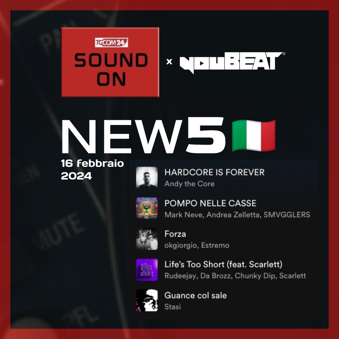 youBEATmusic's tweet photo. ๐ฎ๐น#NEW5 con #SoundOnTgCom24 โข 16 #Feb2024 ๐
Ogni venerdรฌ, le 5 top novitร italiane con vibes dance!
โจ #AndyTheCore #MarkNeve #AndreaZelletta #SMVGGLERS #okgiorgio #Estremo #Rudeejay #DaBrozz #ChunkyDip #Scarlett #Stasi
๐งโถ๏ธ https://t.co/83Ay1Odyyg
๐โก๏ธ https://t.co/0dHwW70zZK https://t.co/dCpBRCwchu