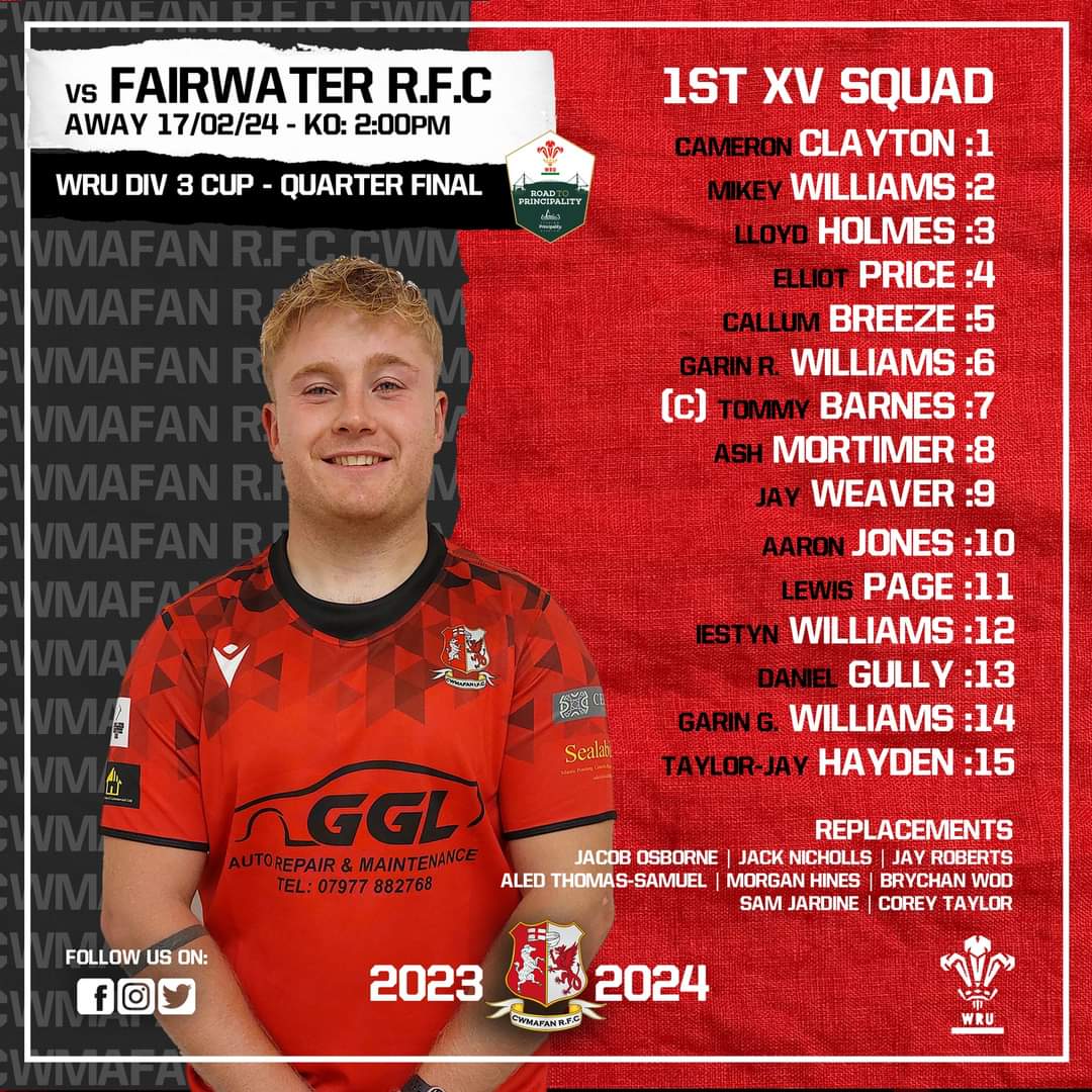 *** SQUAD ANNOUNCEMENT ***

Your 1st XV Team to face <a href="/FairwaterRFC/">Fairwater RFC</a> in the quarter final of the WRU Div 3 Cup

KO 2:00pm