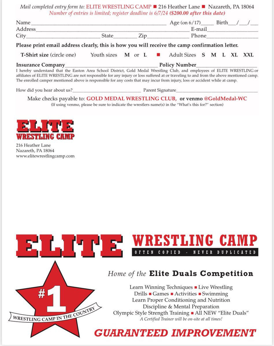 Elite Wrestling Camp! 
#1 Wrestling Day Camp in the USA!!!
Amazing Staff!
Famous Elite Duals! 
 •Easton High School
•June 17 - 21
•5-14 yrs old
•9am - 2pm
Division I Coaches &amp; top High School coaches in the country!

Register online: elitewrestlingcamp.com