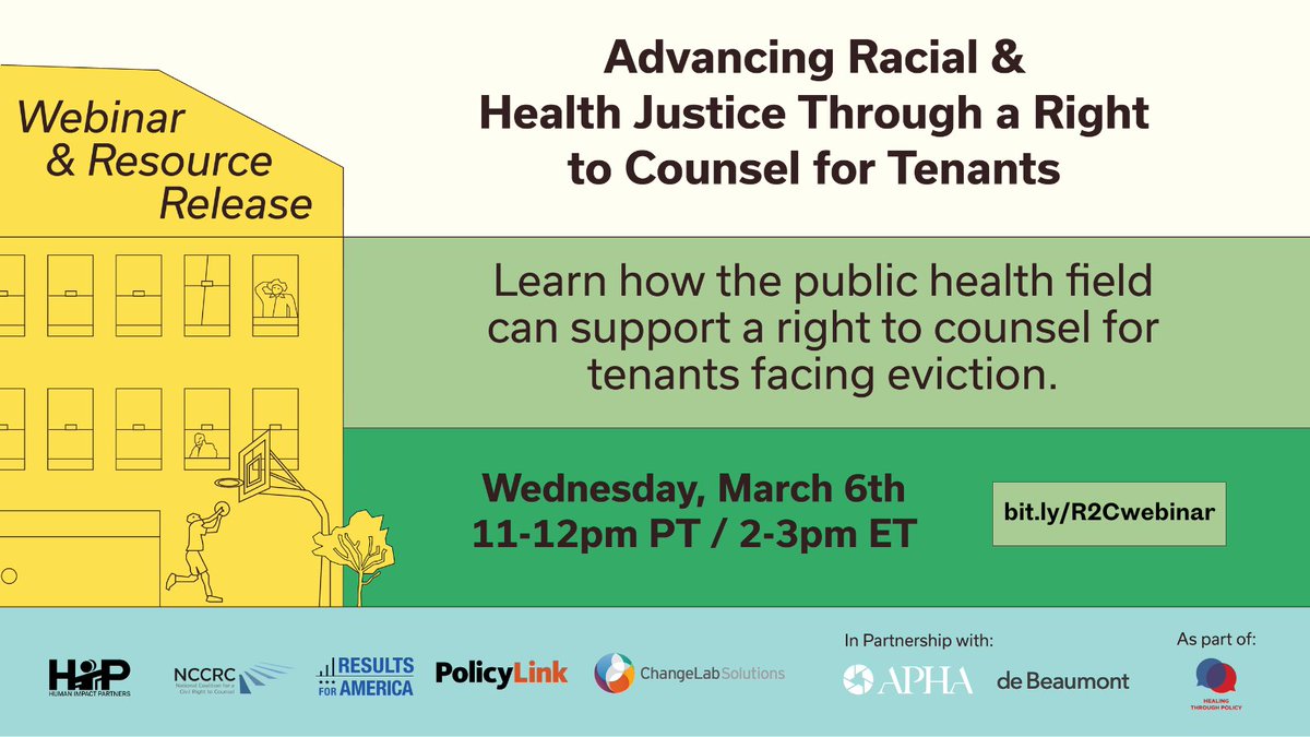 ✨ Webinar & Resource Release! ✨ 🗓️ Register to join us on Wednesday, March 6, 11-12 PT / 2-3 ET to learn how the public health field can support a right to counsel for tenants facing eviction to advance racial & health justice: bit.ly/R2Cwebinar #Right2Counsel4Health