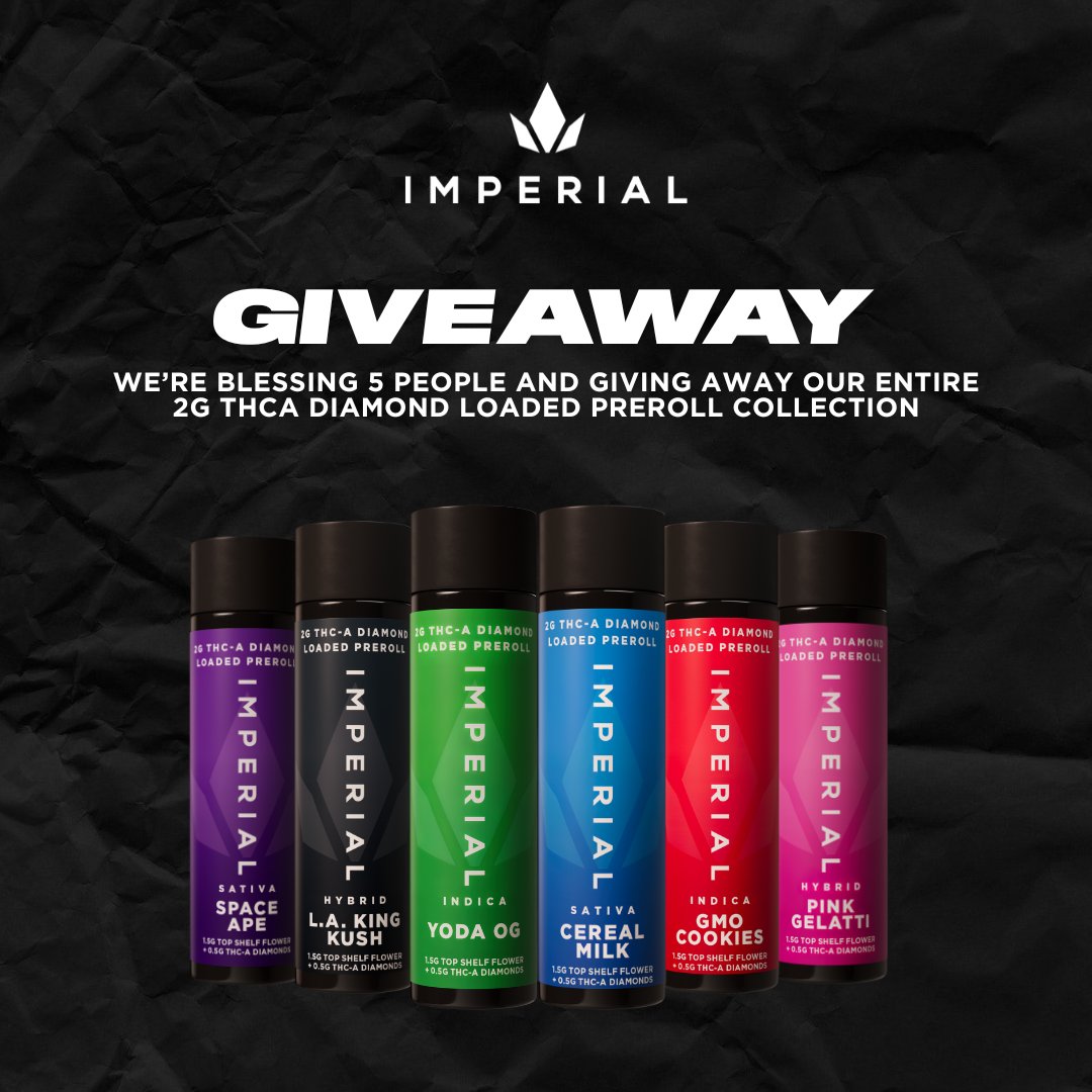 imperialthc's tweet photo. GIVEAWAY 💎

Get high for FREE by entering for a chance to win our entire 2G THCA 💎 Loaded Preroll collection!
Ends 2/21. Must be 21+, US only. 

Don't settle for ordinary smoke—secure your stash today! Tap the link to enter: https://t.co/JS5oTkMBxX https://t.co/EKSW6Wfn4O
