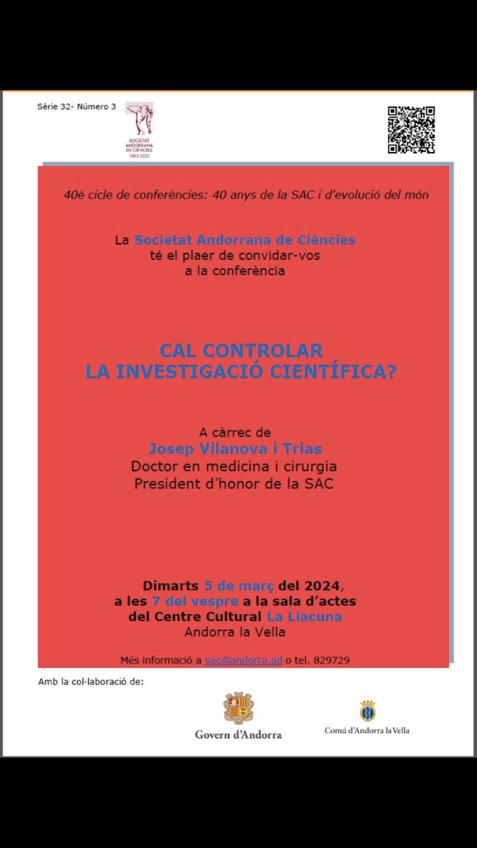 SAC (@saciencies) on Twitter photo Us convidem a la conferència ‘Cal controlar la investigació científica?’, a càrrec del Dr. Josep Vilanova i Trias
🗓️05/03
🕕19.00h
📍 la Llacuna
Us hi esperem!
Amb <a href="/GovernAndorra/">Govern d'Andorra</a> <a href="/AndorraCapital/">Andorra la Vella</a> Us convidem a la conferència ‘Cal controlar la investigació científica?’, a càrrec del Dr. Josep Vilanova i Trias
🗓️05/03
🕕19.00h
📍 la Llacuna
Us hi esperem!
Amb <a href="/GovernAndorra/">Govern d'Andorra</a> <a href="/AndorraCapital/">Andorra la Vella</a>