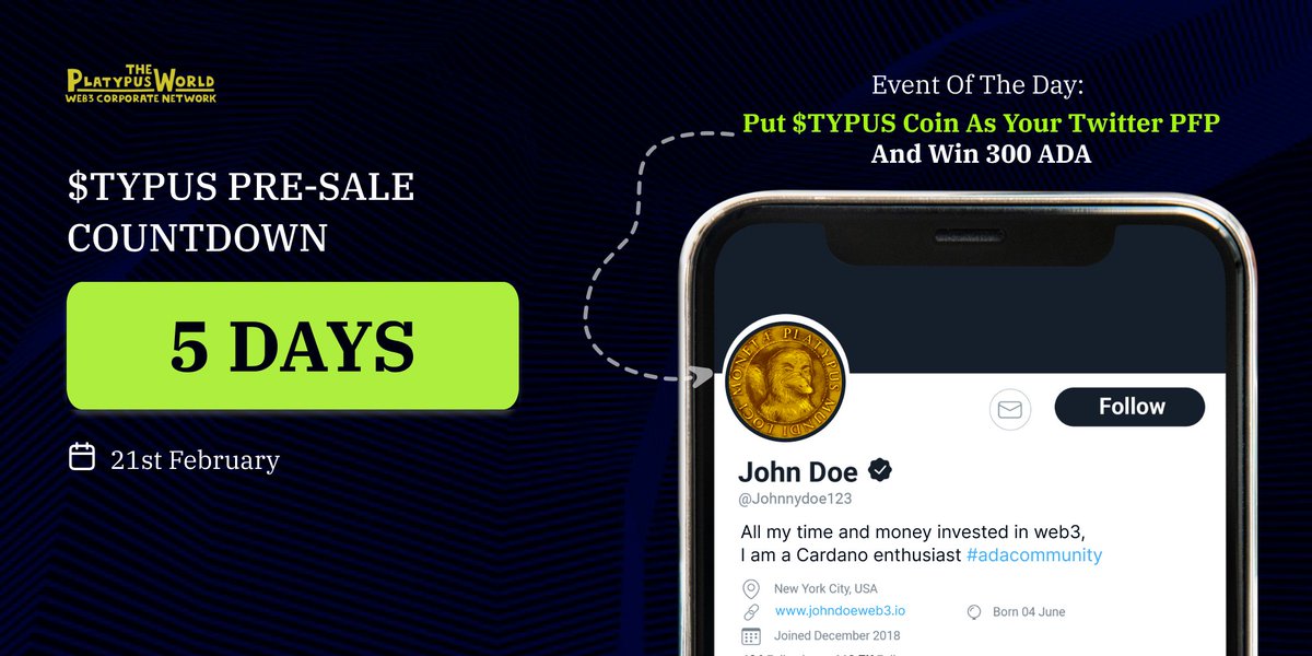 5 DAYS TO $TYPUS PRE-SALE! 🙌 Event of the day to WIN 300 ADA ‼️ You should: 👉 Put $TYPUS Coin as your Profile Pic (Image in comments below) 👉 RT this Post and Tag Friends $TYPUS #Bullrun2024 #CardanoADA #Web3
