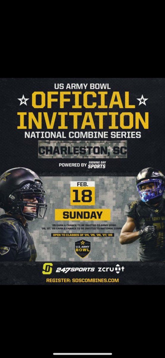 Blessed to receive an invite for the <a href="/USArmyBowl/">Military Appreciation Bowl Week</a> national combine!
<a href="/BennettSwygert/">Bennett Swygert</a> <a href="/a_bennon/">CoachABennon</a> <a href="/LeighJudy/">Coach Judy</a> <a href="/rams_hhs/">@HHS Rams Football</a> <a href="/HHSRamAthletics/">Hillcrest Athletics</a>