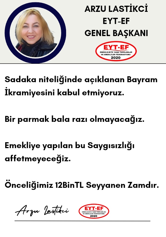 Sadaka niteliğinde açıklanan Bayram İkramiyesini kabul etmiyoruz.

Bir parmak bala razı olmayacağız.

Emekliye yapılan bu Saygısızlığı affetmeyeceğiz.

Önceliğimiz 12BinTL Seyyanen Zamdır.

#Emekliye3binTLSadaka
#EYTnin5BinKısmiMücadelesi
<a href="/ArzuLastikci/">EYT & EF Arzu LASTİKCİ</a> <a href="/RTErdogan/">Recep Tayyip Erdoğan</a> <a href="/isikhanvedat/">Prof. Dr. Vedat Işıkhan</a>