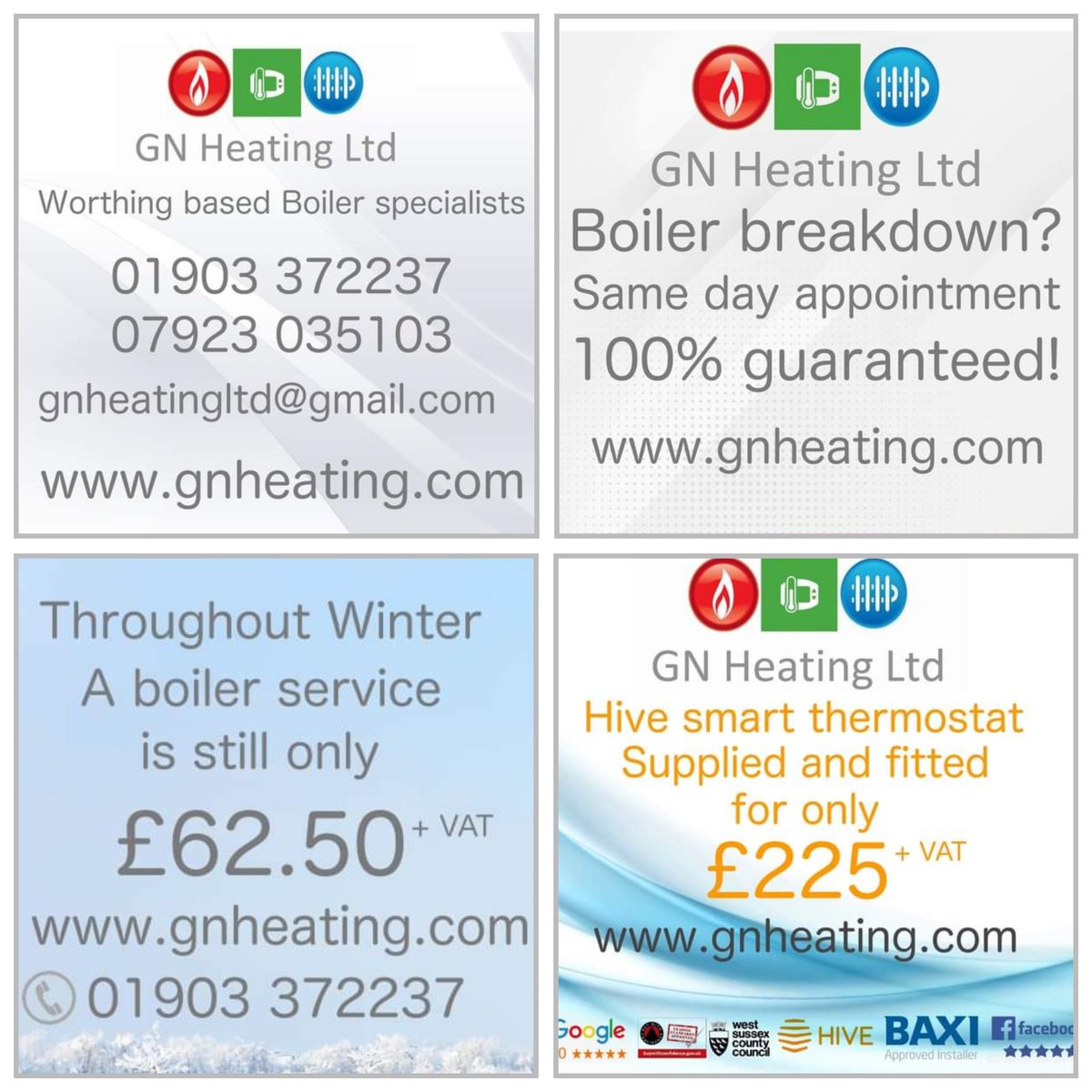 GnHeating's tweet photo. Worthing based boiler specialists.

✅️ Boiler service only £62.50 + vat.
✅️ Same day appointments for boiler breakdowns
✅️ Hive v3 smart thermostat supplied and fitted £225 + vat.
✅️ Boiler installations from £1800
https://t.co/r5WEZvJDTh https://t.co/gUOB1knFWQ