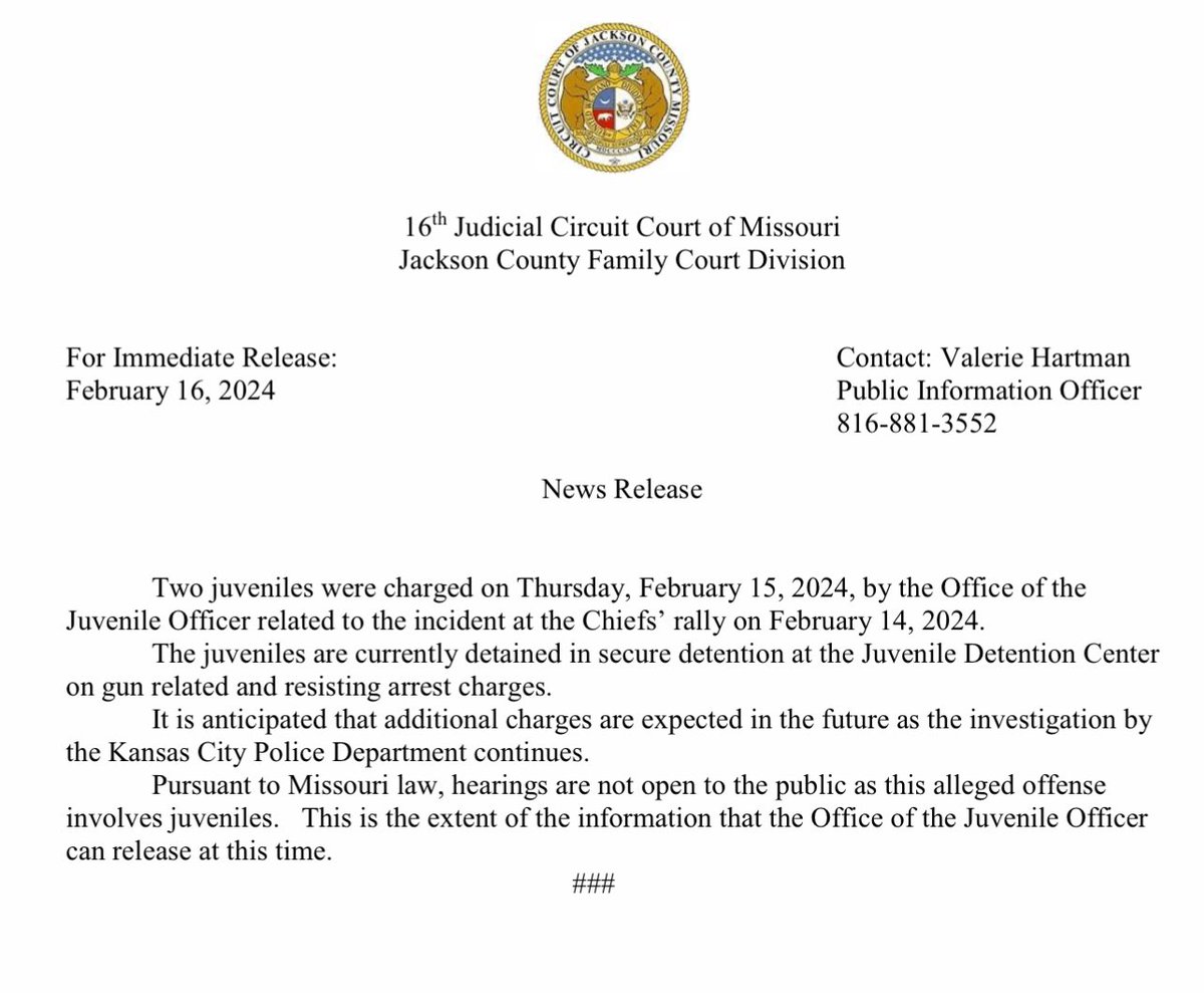 JUST IN: Two juveniles charged in relation to KC Chiefs rally shooting. Jackson County Family Court confirms they’re being held at a juvenile detention center on “gun related and resisting arrest charges.” @FoxNews #KansasCity #KansasCityChiefsParade