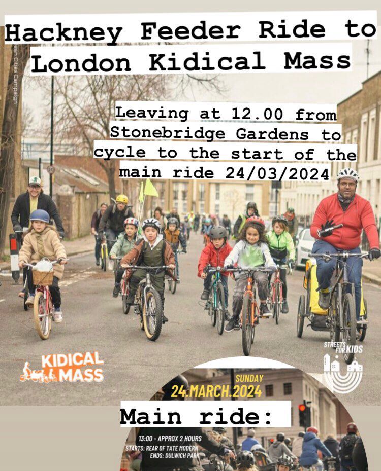 Good to see that there's a feeder ride from Hackney to the #KidicalMass cycle ride (Tate Modern > Dulwich Park) on Sunday 24 March. @hackney_cycling