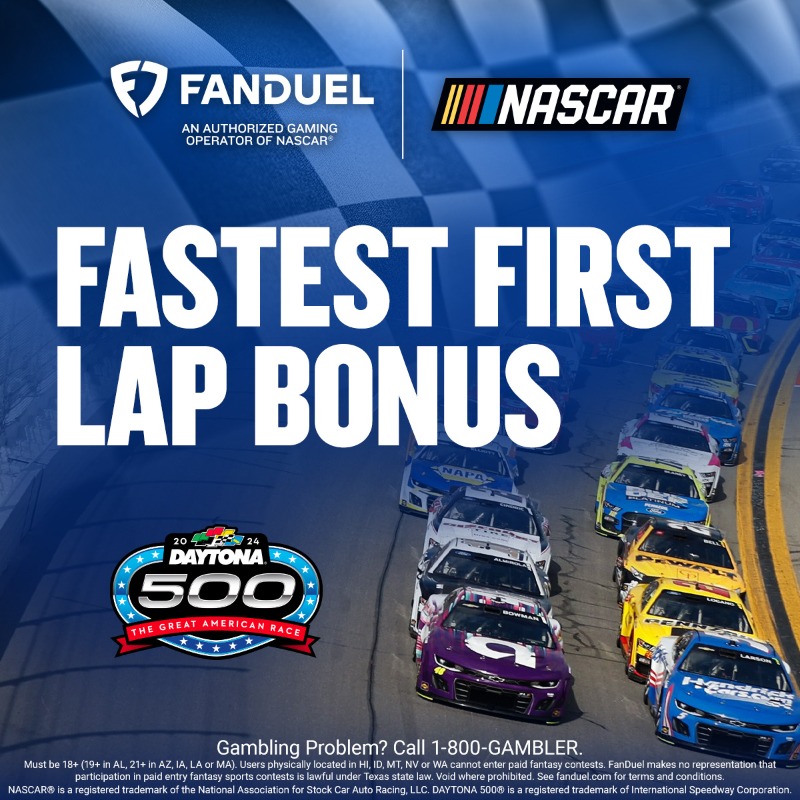 NASCAR's tweet photo. 🏁 Draft your FanDuel Fantasy lineup for the Daytona 500! Play the Slingshot contest for big cash prizes and get a bonus if you roster the driver that records the fastest first lap. 🏁