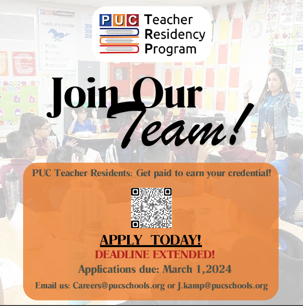 puctrp's tweet photo. Deadline Extended to March 1, 2024! Apply now at https://t.co/oL0pykJswF to become a paid Teacher Resident and earn your teaching credential in one year. https://t.co/MlWUYIi3gb