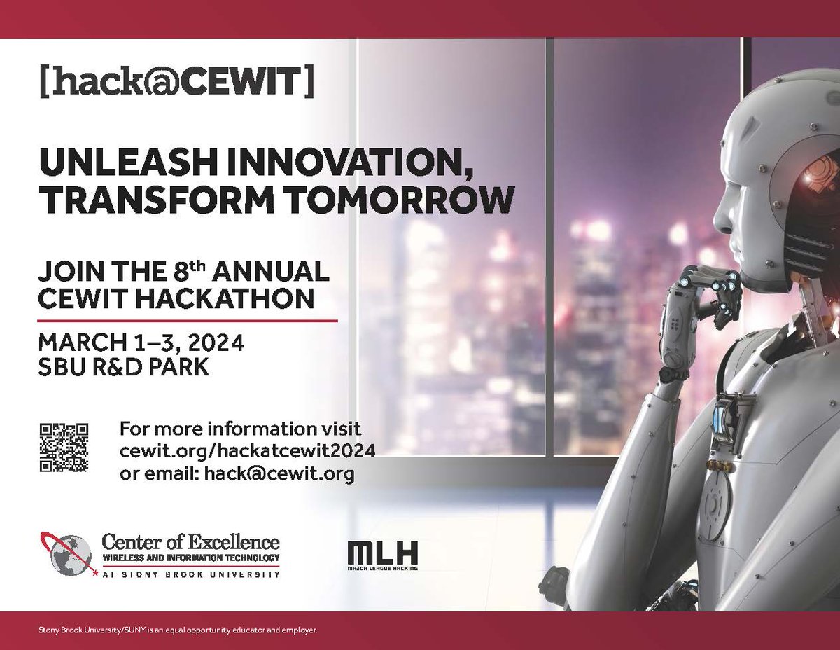 Hack@CEWIT 2024 is just 2 weeks away! Join your fellow college students at our 8th annual hackathon from March 1-3 at @stonybrooku R&D Park. Compete in challenges & develop & submit projects in this 40-hr event. Limited space available, register now: cewit.org/hackatcewit202…