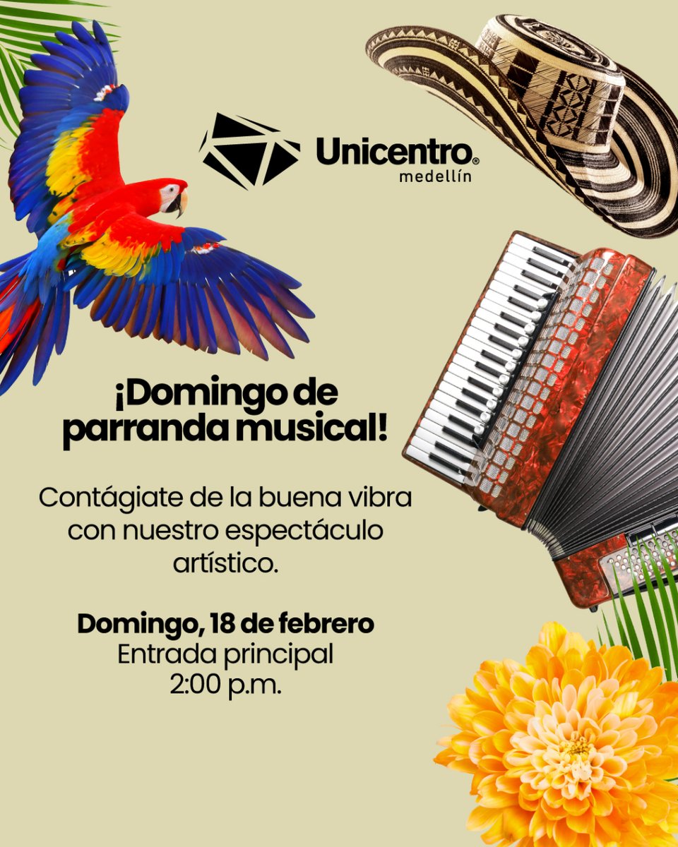 ¡Prepárate para el fin de semana más alegre y lleno de música parrandera y carranga en Unicentro! 🎉🎶 

Deja que las mejores canciones te envuelvan en un ambiente lleno de pura alegría.🌟🕺💃