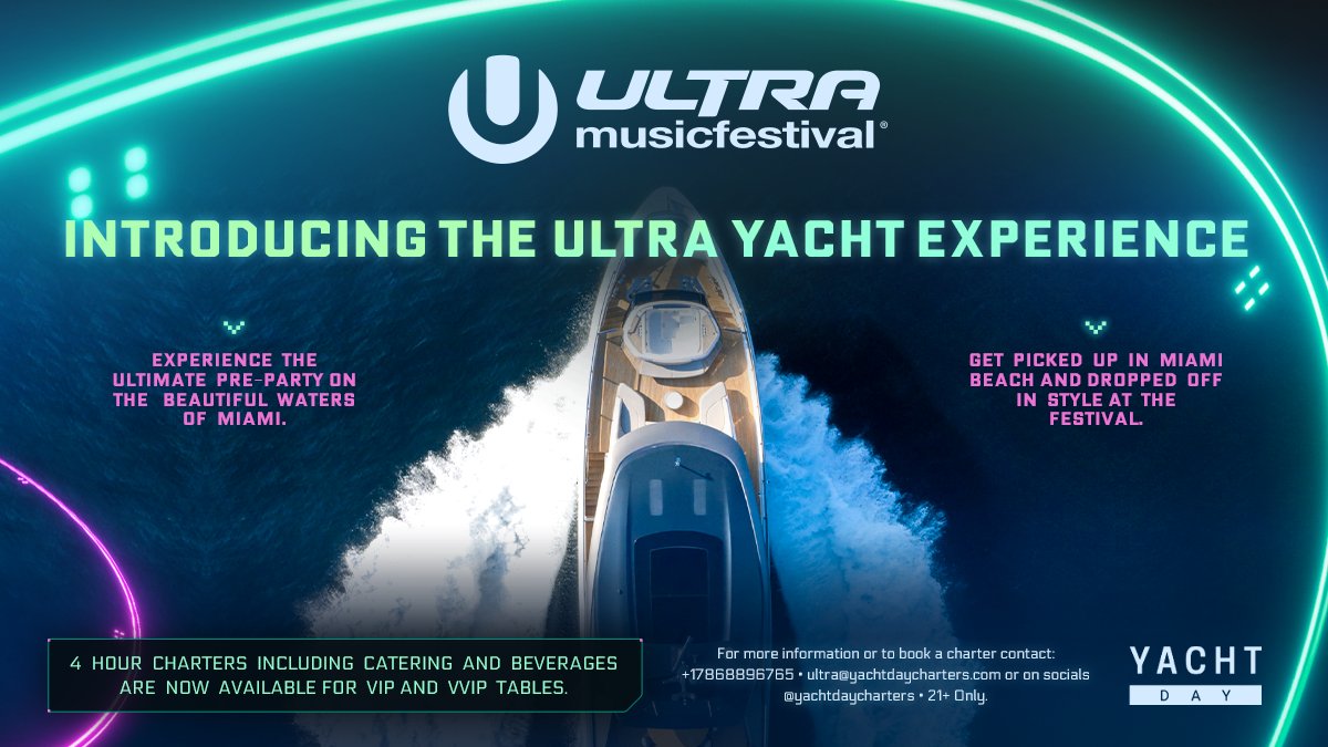Cruise the waters of Biscayne Bay and arrive at #Ultra2024 with flair! We’re excited to be bringing back the Ultra Yacht Experience through YachtDay for the ultimate pre-party.

Available for VIP Ticket Holders and VVIP Table purchasers only.

For more information reach out to