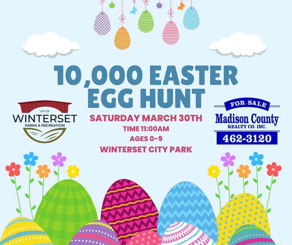 We will be hosting our annual Easter Egg hunt with Madison County Realty on March 30th at 11am. There will be 10,000 eggs hidden around City Park! Make sure to bring your friends!🐰🍬