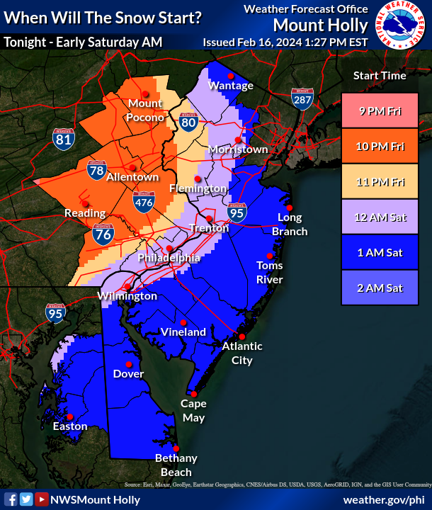 NWS_MountHolly's tweet photo. Snowfall will begin late tonight through early Saturday morning before ending around 7-10am Saturday. Anyone traveling overnight through Saturday morning should exercise extreme caution and consider delaying travel. Snowfall rates could reach 0.5 to 1.0 inch per hour at times! https://t.co/SIGb5ec2SY