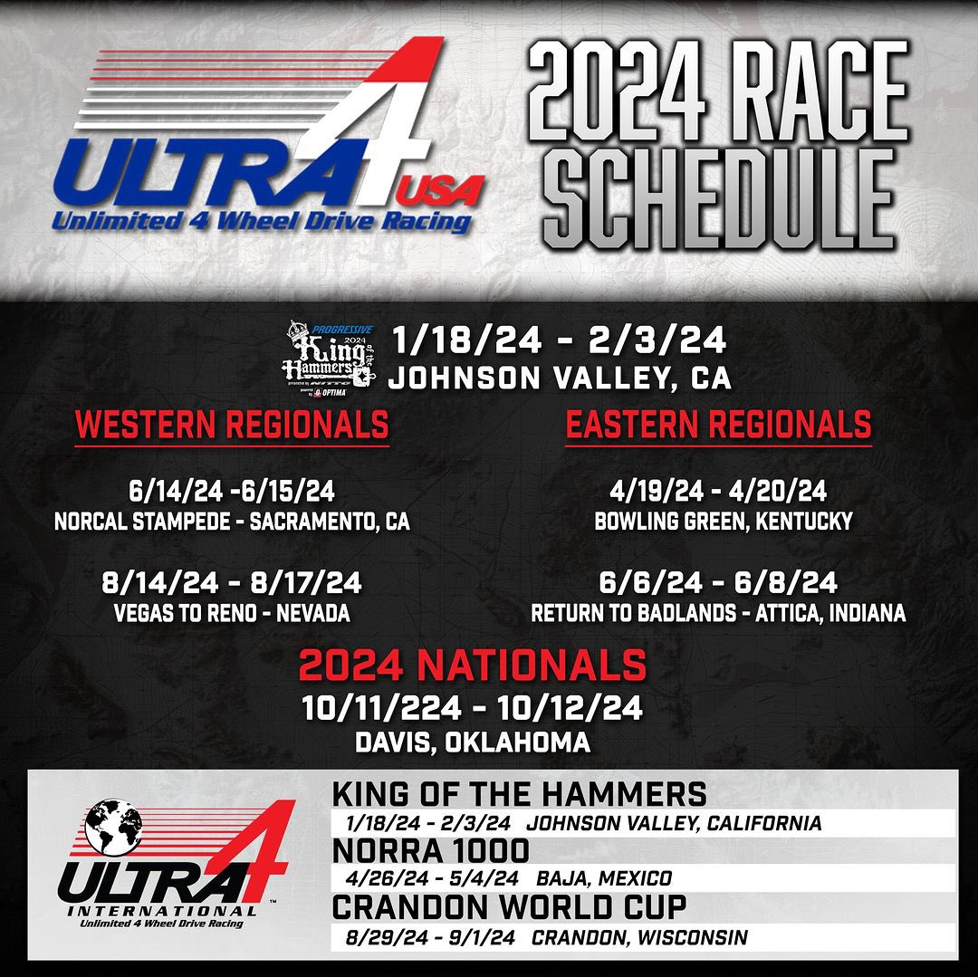 #Ultra4: Updated 2024 Ultra4 USA schedule following the leadership change.

Western championship will partner with Nor Cal Rock Racing in June and Best In The Desert's Vegas to Reno. Both East and West will also race together at NORRA's Mexican 1000 and the Crandon World Cup.