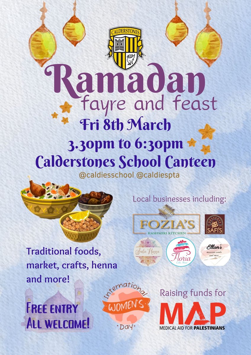 ☪️ Ramadan Fayre & Feast ☪️ We're holding an event for our whole community to welcome the month of #Ramadan! Join us for a fun evening of delicious hot food, cakes, drinks, arts, crafts, games and music, to raise money for @caldiespta & @medicalaidpal 🙌🏽🙌🏻🙌🏾 #ramadancountdown
