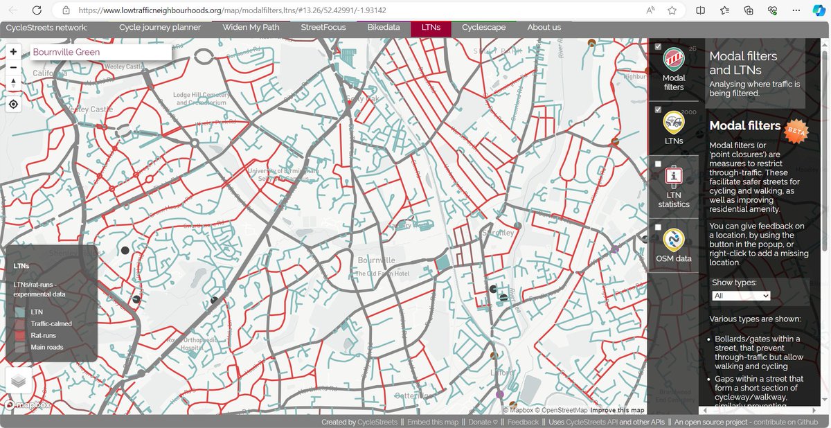 This map from @cyclestreets of rat runs and historic LTNs offers a fascinating perspective on Bournville and  surrounds.

I'd quibble with aspects. Eg I see Mary Vale Road / Heath Road as a rat run rather than a main road, but overall its great.

@for_birmingham #SafeStreetsNow