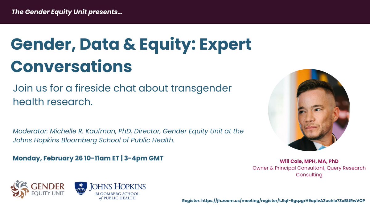 If you’re interested in hearing more about how we better capture the experiences of transgender people and their health around the world using data, tune into my conversation with @WillBeckham7 on Monday! jh.zoom.us/meeting/regist…