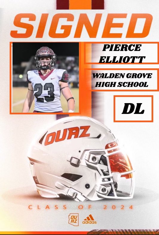 Pierce Elliott (@pierce_elliott1) on Twitter photo After talking with my family and the coaching staff at <a href="/OUAZFootball/">OUAZ Football</a>, especially some great conversations with <a href="/_CoachSimmons/">Dalvin Simmons</a>, I am blessed to announce that I have committed and signed to <a href="/OUAZFootball/">OUAZ Football</a>. All glory to God for putting me in this position!✝️🙏 After talking with my family and the coaching staff at <a href="/OUAZFootball/">OUAZ Football</a>, especially some great conversations with <a href="/_CoachSimmons/">Dalvin Simmons</a>, I am blessed to announce that I have committed and signed to <a href="/OUAZFootball/">OUAZ Football</a>. All glory to God for putting me in this position!✝️🙏