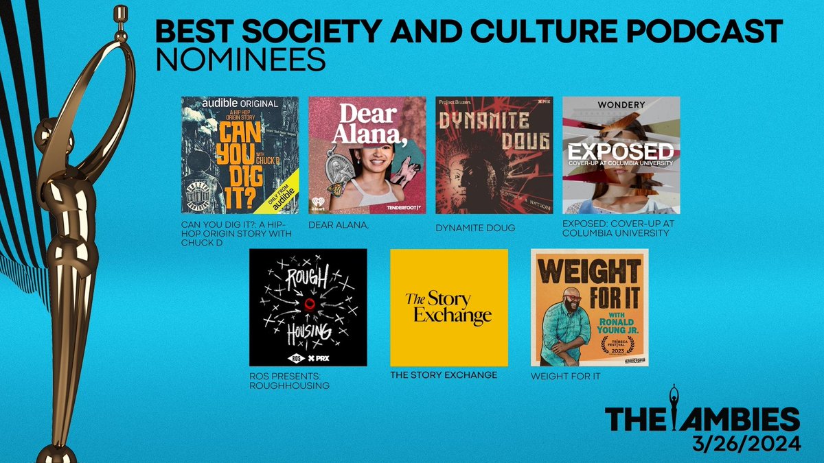 We are thrilled to announce the nominees for Best Society and Culture Podcast! #TheAmbies #podcast #awards @libsyn @dearalanapod @ProjectBrazen @WonderyMedia @religionofsport @OhitsBIGRON @ApplePodcasts @Spotify @NPR