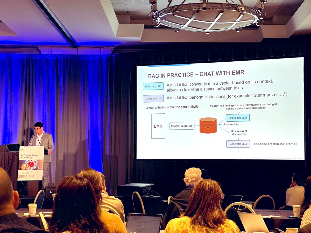 Thought provoking talks on #LLM for clinical care expertly delivered by @Rickey_Carter @zachia5 @JohnWAyersPhD Exciting possibilities! @AICARDIOLOGY2024 @MayoClinicCV