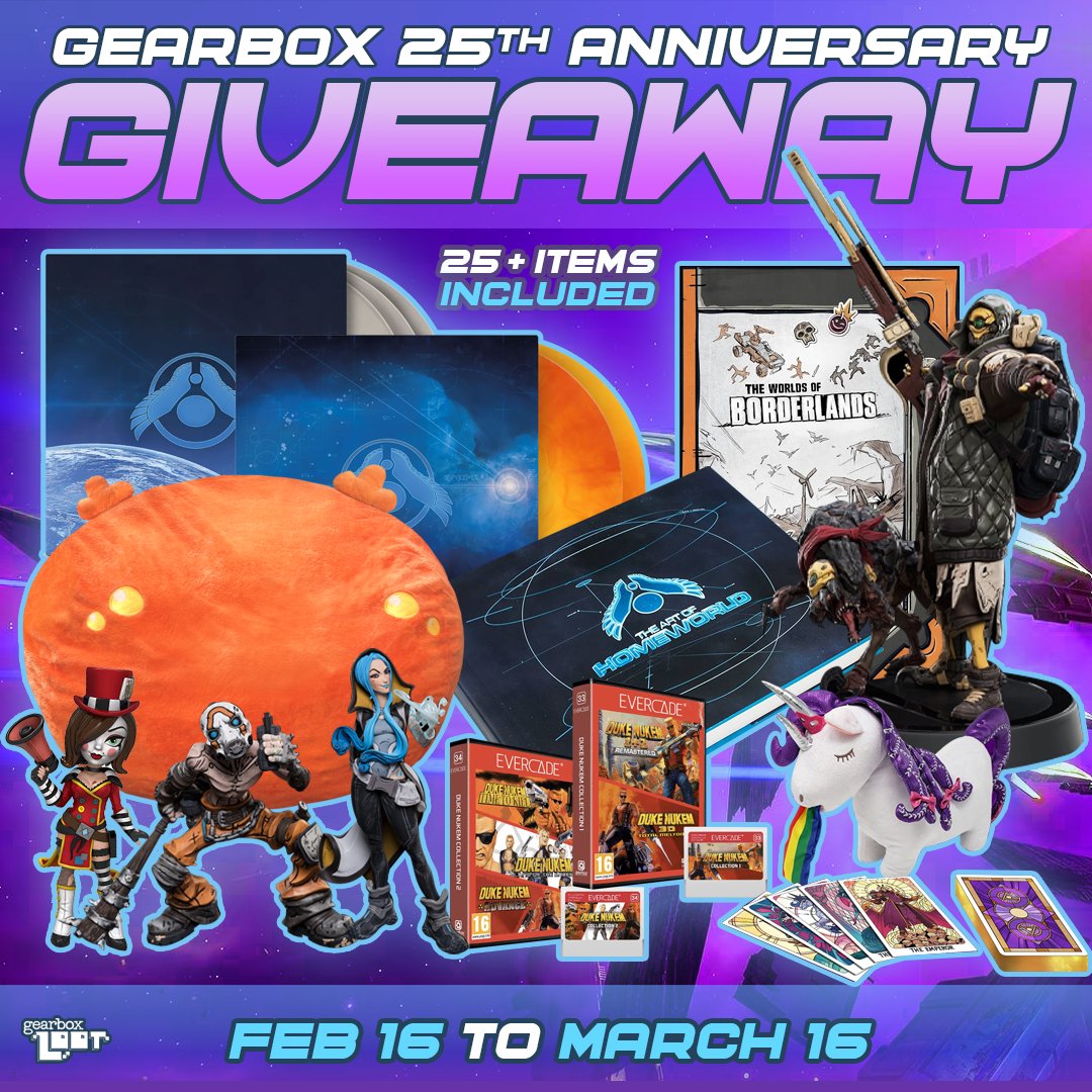 GearboxOfficial's tweet photo. GEARBOX TURNS 25! 🎉🍾

We're celebrating with a next-level giveaway, featuring rare and awesome items! ⚙️✨

Want a GIGANTIC Gup beanbag chair?

Looking to hear the sweet sounds of Claptrap's mixtape?

Oh yeah, we know.🥳

Enter today: https://t.co/EWq6vIpg61 https://t.co/uQ1fXE1bGP