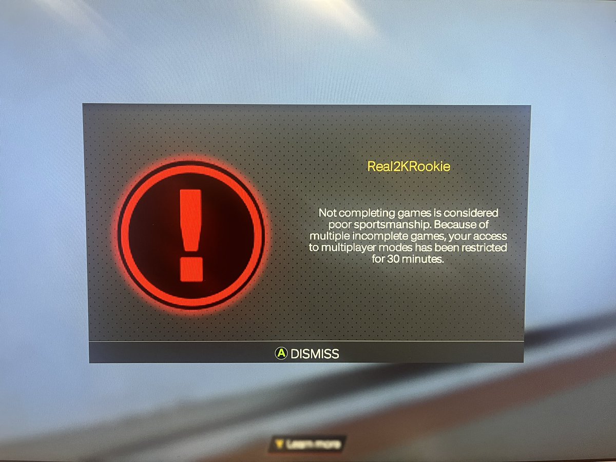 superkam__'s tweet photo. @JABridgeforth @brutalsim @AllCityLiveTV MIDDLE OF A 33 POINT GAME …WTF… THIS IS ABSURD … TAKE BANS OUT THE GAME… now my teammates gotta play at a disadvantage because 2k wants to just give people the boot…funny thing is my team even won… AND I STILL GET A LOST… cmon 2k https://t.co/egR7V0leTl