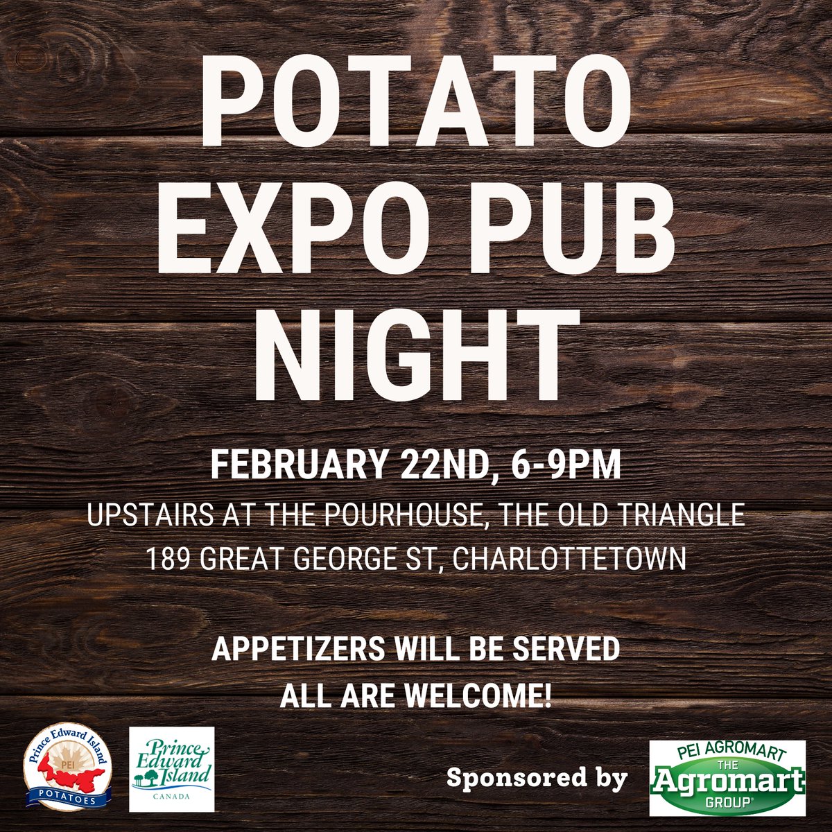 Join us at The Old Triangle on Thursday evening, Feb 22nd for a Potato Expo Pub Night!

Sponsored by <a href="/peiagromart/">peiagromart</a>!

<a href="/AgInfoPEI/">PEI Agriculture</a> <a href="/PEIPotatoExpo/">International Potato Technology Expo</a>