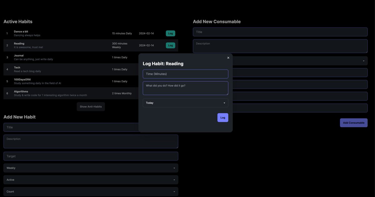 Updates on my Todo App:
- Much improved habits &amp; its logging, such that its officially the app I use. Created a simple script to easily spin up the server locally.
- Fixed minor bugs &amp; animation sluggishness.

Feel free to let me know what features would you want!
#buildinpublic